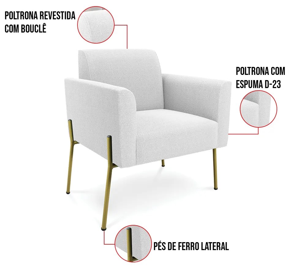 Namoradeira e 2 Poltronas Pé Ferro Dourado Marisa Bouclê D03 - D'Rossi - Off White