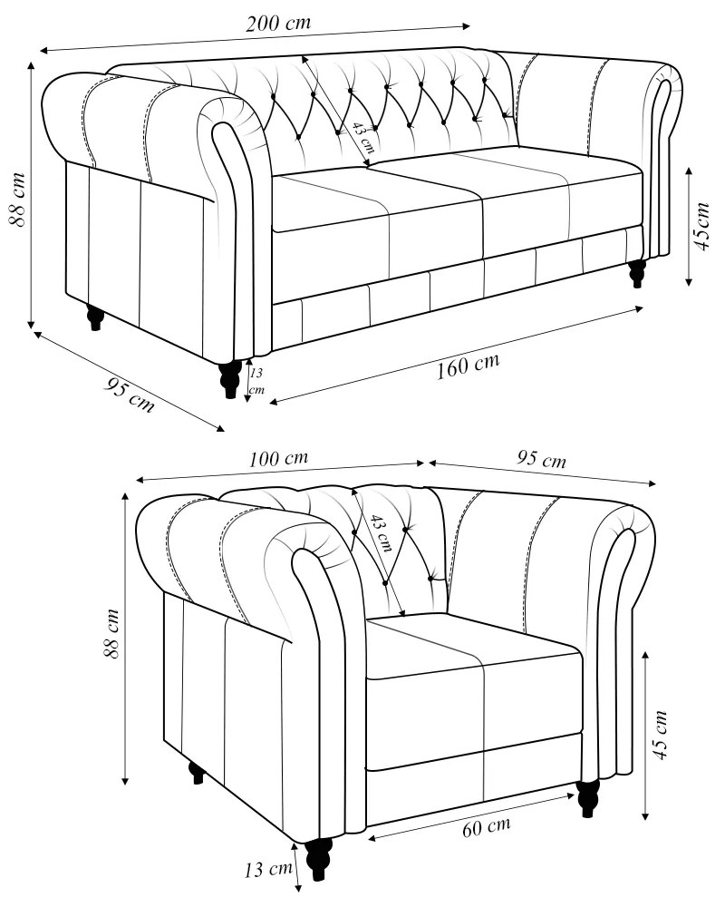 Conjunto Sala de Estar 1 Sofá Living 200cm e 2 Poltronas Stanford Chesterfield Pés Madeira Couro Marrom Brilho G58 - Gran Belo