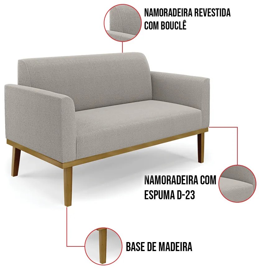 Namoradeira e 2 Poltronas Base Madeira Castanho Marisa Bouclê D03 - D'Rossi - Cinza