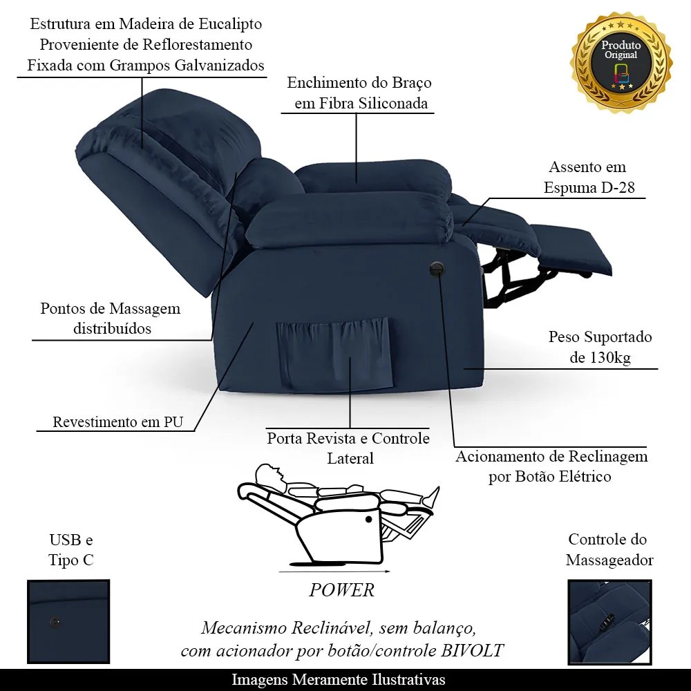 Poltrona do Papai Reclinável Melim Elétrica LED Massagem PU Azul FH1 - D'Rossi