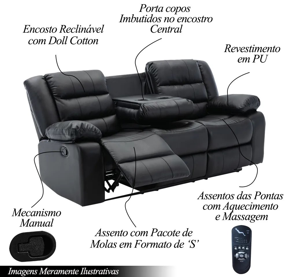 Poltrona Reclinável Manual de Cinema Hollywood 3 Lugares Porta Copos/Massagem/Aquecimento PU Preto G31 - Gran Belo