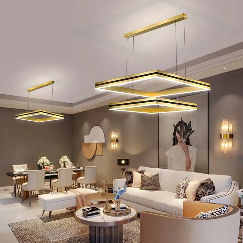 Pendente  Led moderno lustre de teto sala estar concisa pendente lâmpada sala jantar quadrado nordic lâmpadas led teto luzes da sala estar - Black B 40x60cm - Branco frio sem controle remoto
