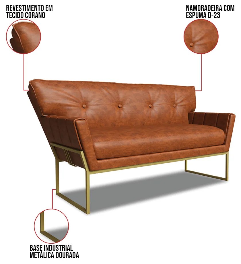 Sofá Namoradeira 2 Lug Industrial Dour Anitta Sintético PU D03 - D'Rossi - Nozes