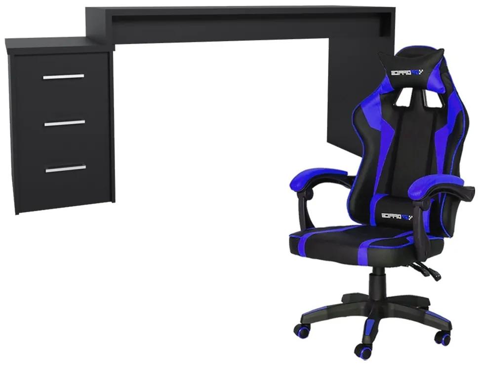 Conjunto PlayerXtreme PRO Mesa Preto Texturizado e Cadeira Gamer Azul - Gran Belo