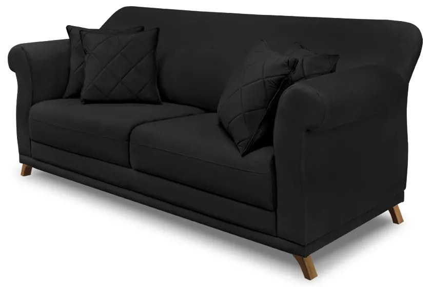 Sofá 3 Lugares Pé de Madeira Julieta 200 cm Suede S04 - D'Rossi - Preto