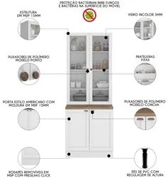 Armário Cristaleira para Cozinha 4 Portas 70cm Duna P09 Branco - Mpoze