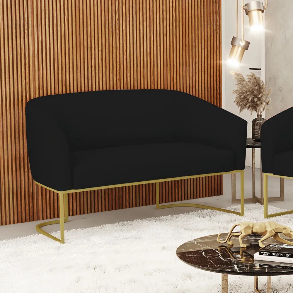 Sofá 2 Lugares Namoradeira Industrial Dourado Stella Linho D03 - D'Rossi - A79 Preto