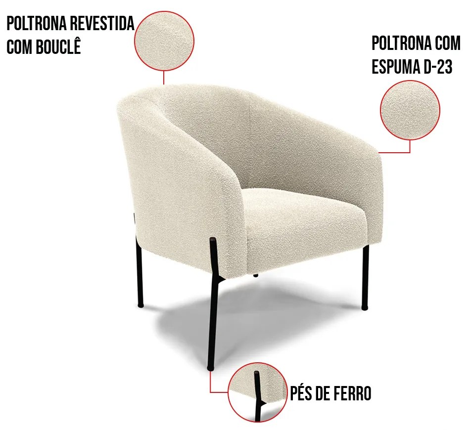 Poltrona Decorativa Pé de Ferro Preto Kit 2 Stella Bouclê D03 - D'Rossi - Bege