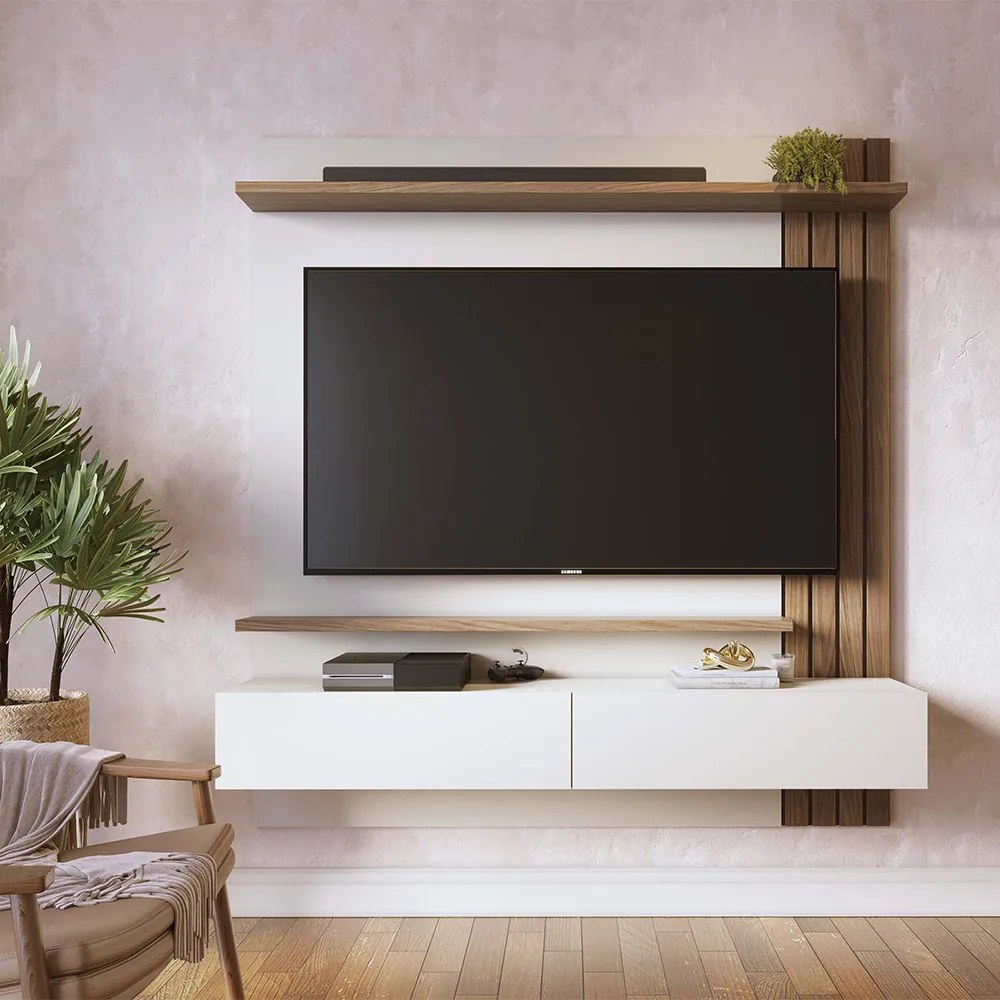 Painel TV 65 Pol 150cm Bancada Suspensa Ripado Luca Amendoa/Off White Matte C04 - D'Rossi