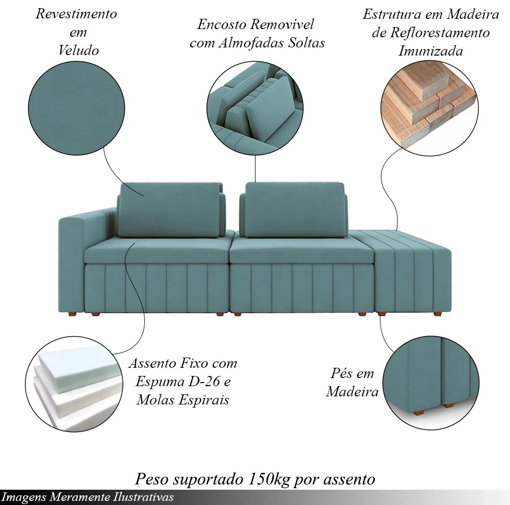 Sofá Ilha com Encosto e Almofadas Móveis Olimpo 265cm Modulado Veludo Azul Turqueza G45 - Gran Belo