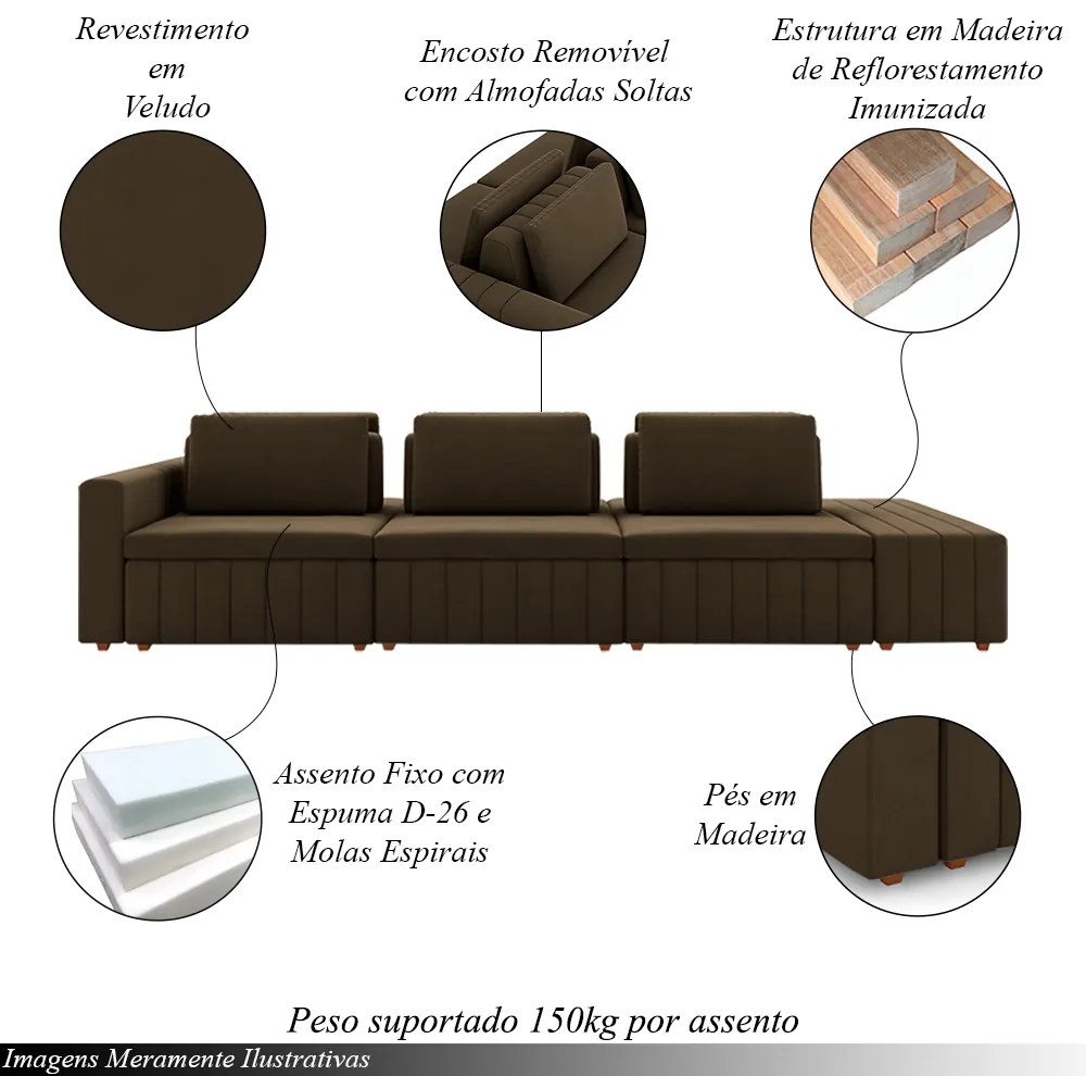 Sofá Ilha com Encosto e Almofadas Móveis Olimpo 335cm Modulado Veludo Marrom G45 - Gran Belo