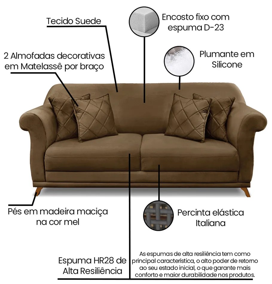 Sofá 3 Lugares Pé de Madeira Julieta 200 cm Suede S04 - D'Rossi - Caramelo