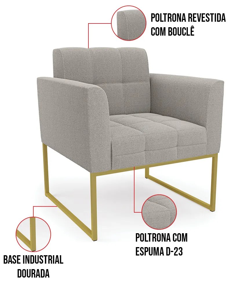 Poltrona Decorativa Industrial Dourado Kit 2 Elisa Bouclê Cinza D03 - D'Rossi