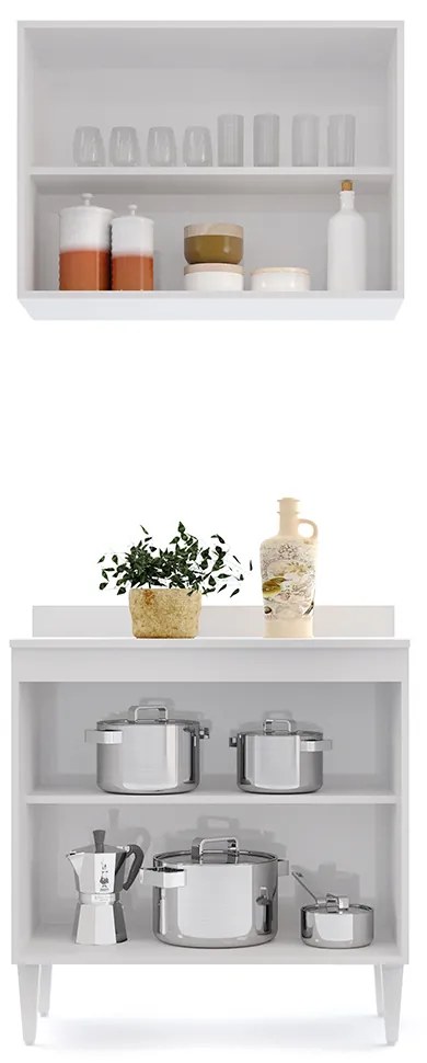 Kit Armário Aéreo e Balcão de Cozinha Lavanderia com Tampo 02 Portas Loren 80 cm - D'Rossi - Branco