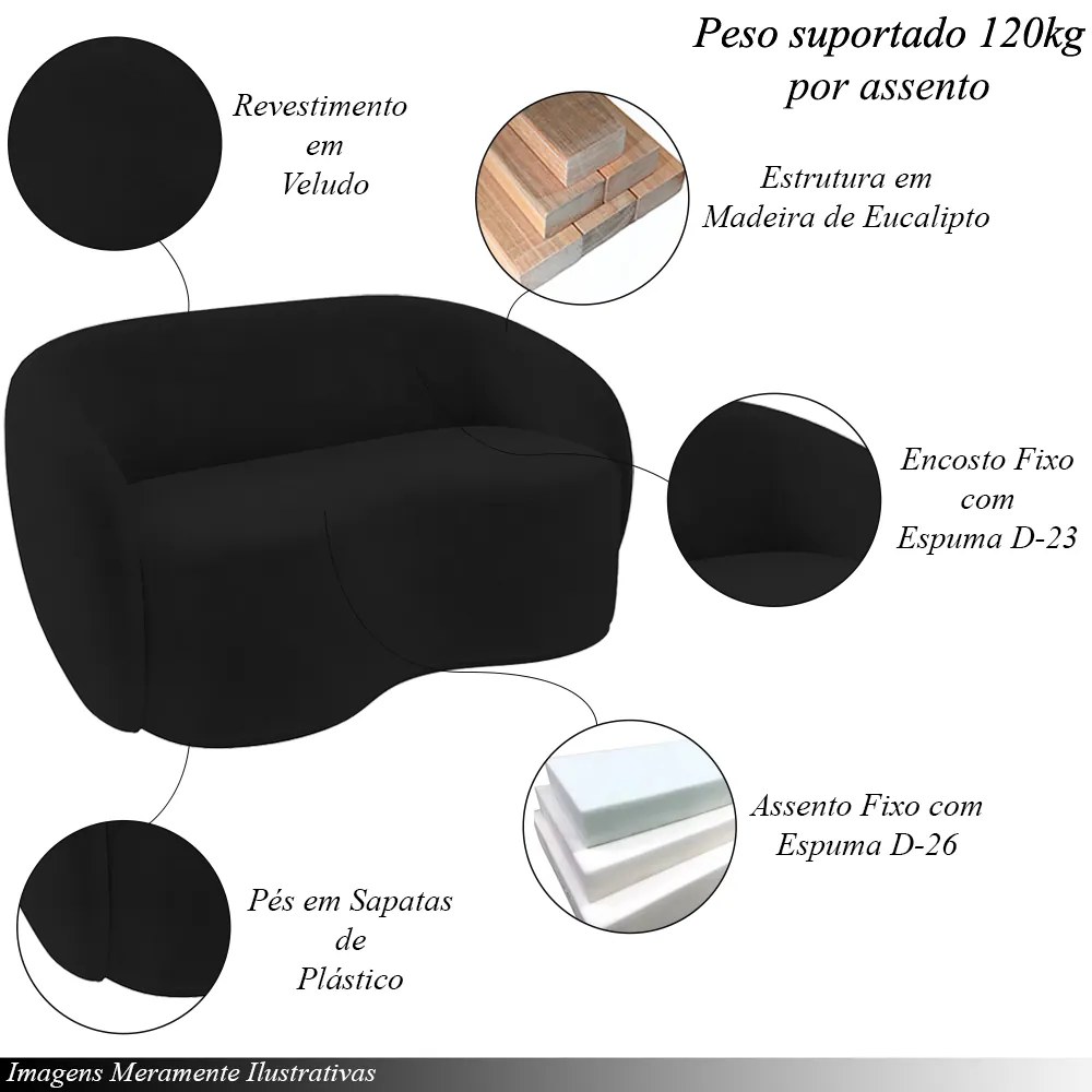 Conjunto 1 Sofá Living 180cm e 1 Poltrona Decorativa Sala de Estar Íbis Encosto Fixo Veludo Preto G33 - Gran Belo