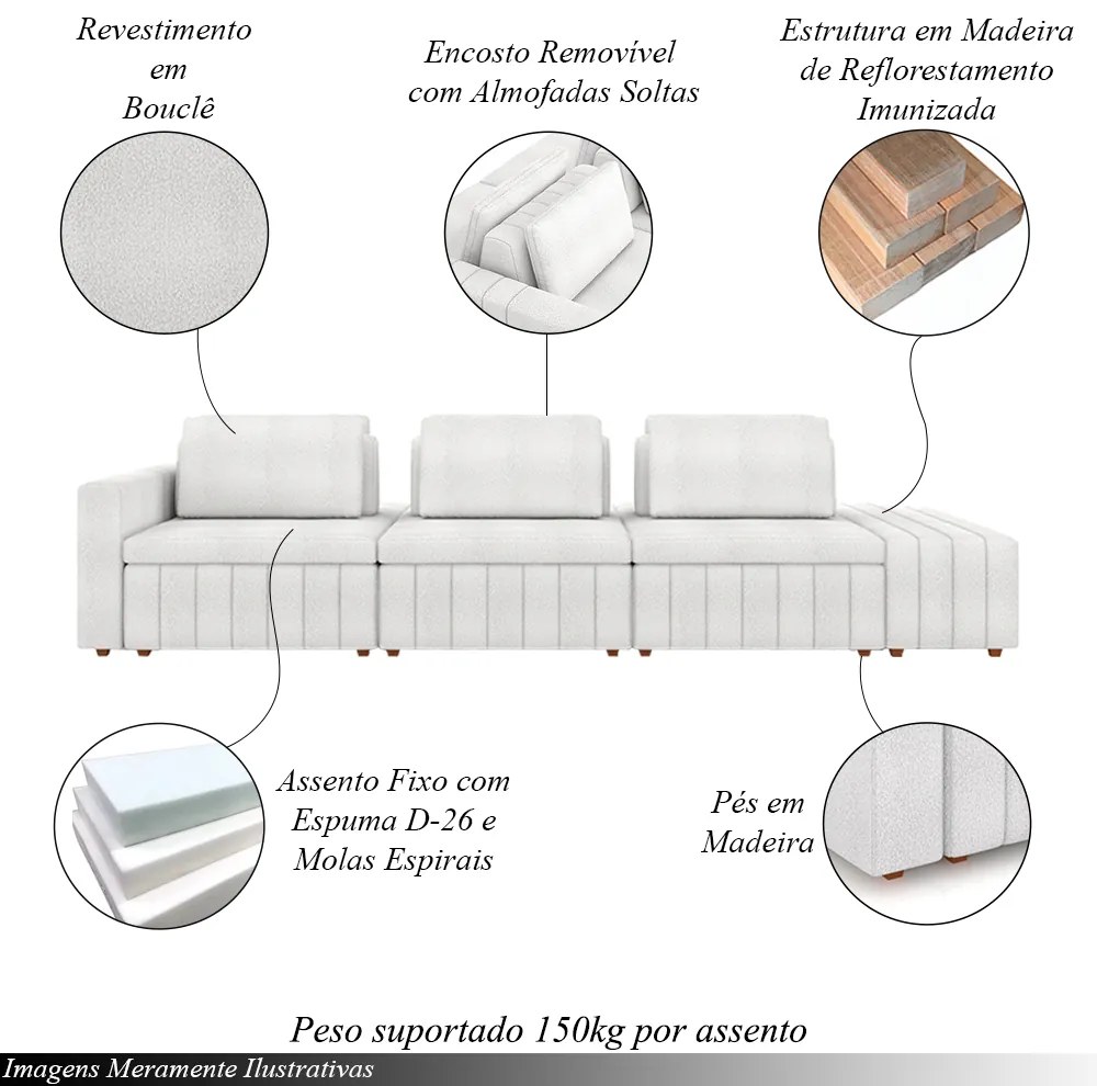 Sofá Ilha com Encosto e Almofadas Móveis Olimpo 365cm Modulado Bouclê Branco G45 - Gran Belo