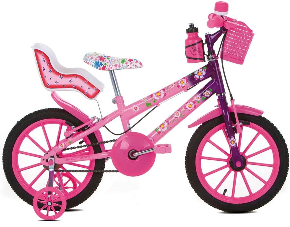 Bicicleta Infantil Sport Bike Aro 16 Flowers Com Cadeirinha de Boneca