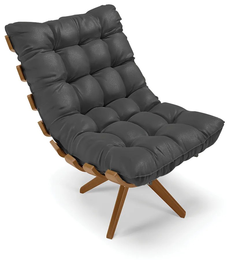 Poltrona com Puff Giratório Costela  Sintético Preto Base de Madeira MA30 M11 - D'Rossi