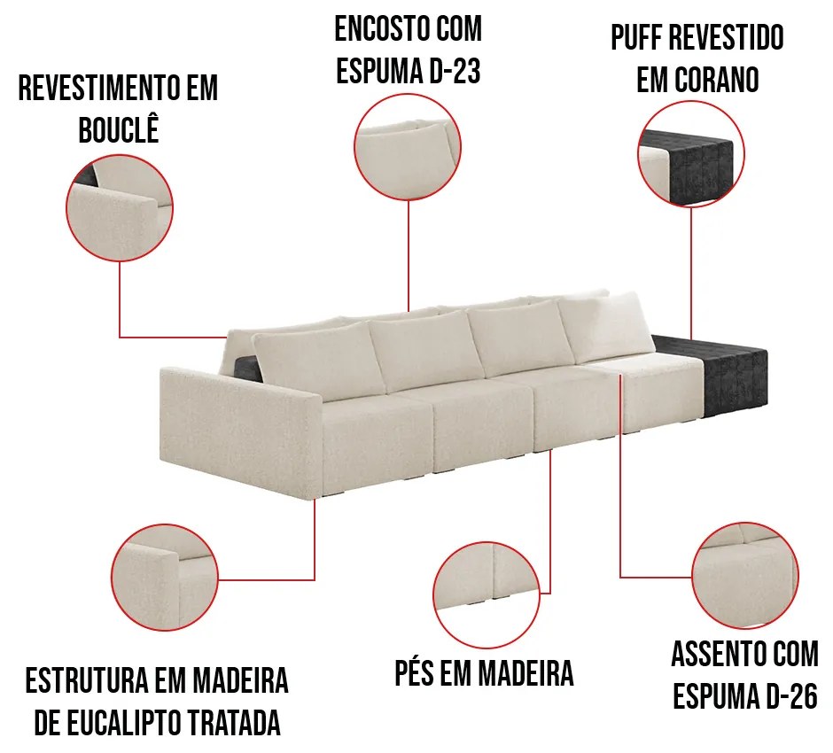 Sofá Ilha 4 Lugares Living 432cm Modulado Sala Lary Bouclê/PU Pto K01 - D'Rossi - Bege