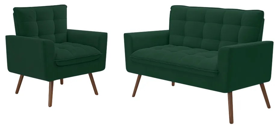 Conjunto Decorativo Sofá 2 Lugares e Poltrona Íxeres Veludo Verde G45 - Gran Belo