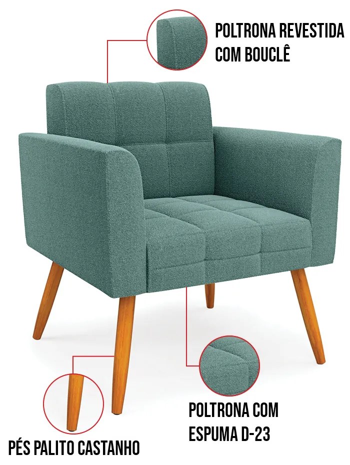 Namoradeira e Poltrona Pé Palito Castanho Elisa Bouclê Verde Menta D03 - D'Rossi
