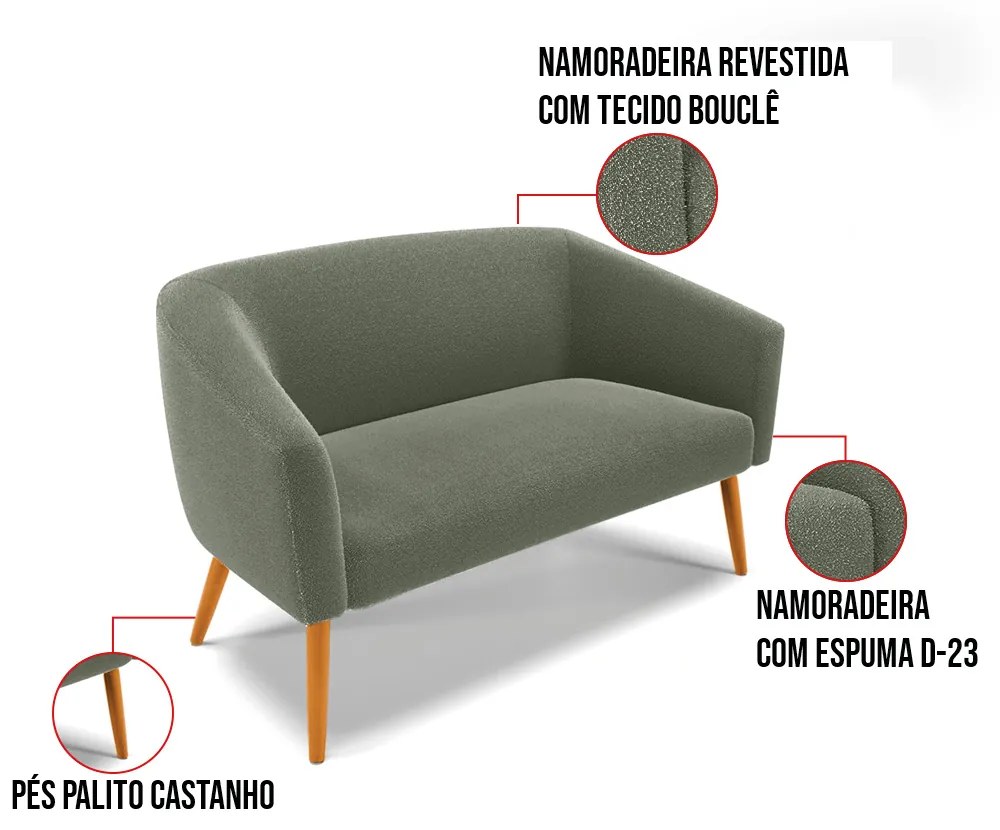 Sofá 2 Lugares Namoradeira Pé Palito Castanho Stella Bouclê D03 - D'Rossi - Verde Pistache