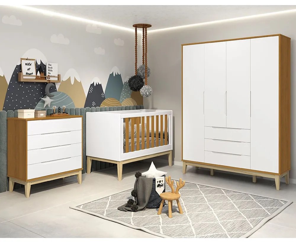 Kit Quarto Infantil com Pés Square Natural - Cômoda Elfe 4 Gavetas + Guarda-Roupa Elfe + Berço Mini Cama Noah - Branco e Savana