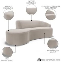 Sofá Living 2 Lugares 180cm Braço Direito Mozart D06 Bouclê Bege - Mpo