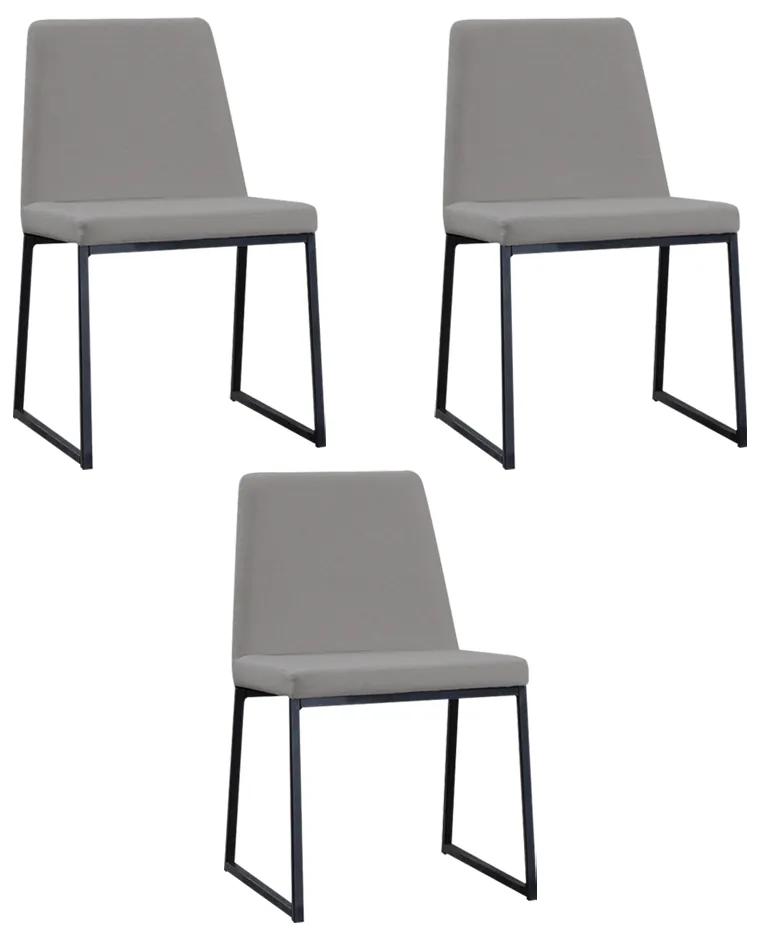 Kit 3 Cadeiras de Jantar Decorativa Base Aço Preto Javé Linho Cinza G17 - Gran Belo