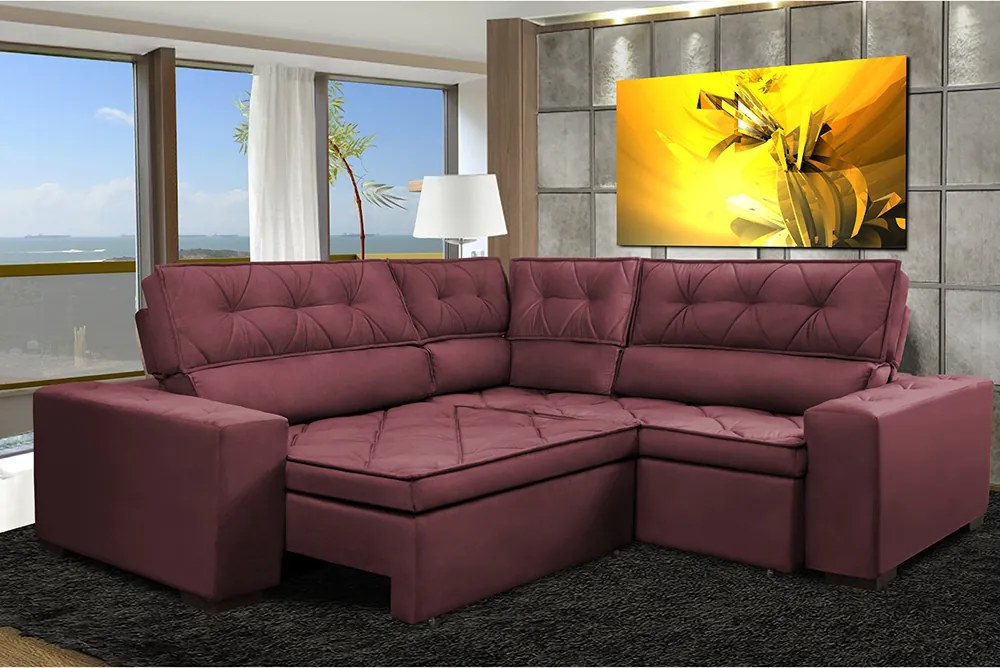 Sofa De Canto Retrátil E Reclinável Com Molas Cama Inbox Austin 2,20m X 2,20m Suede Velusoft Vinho