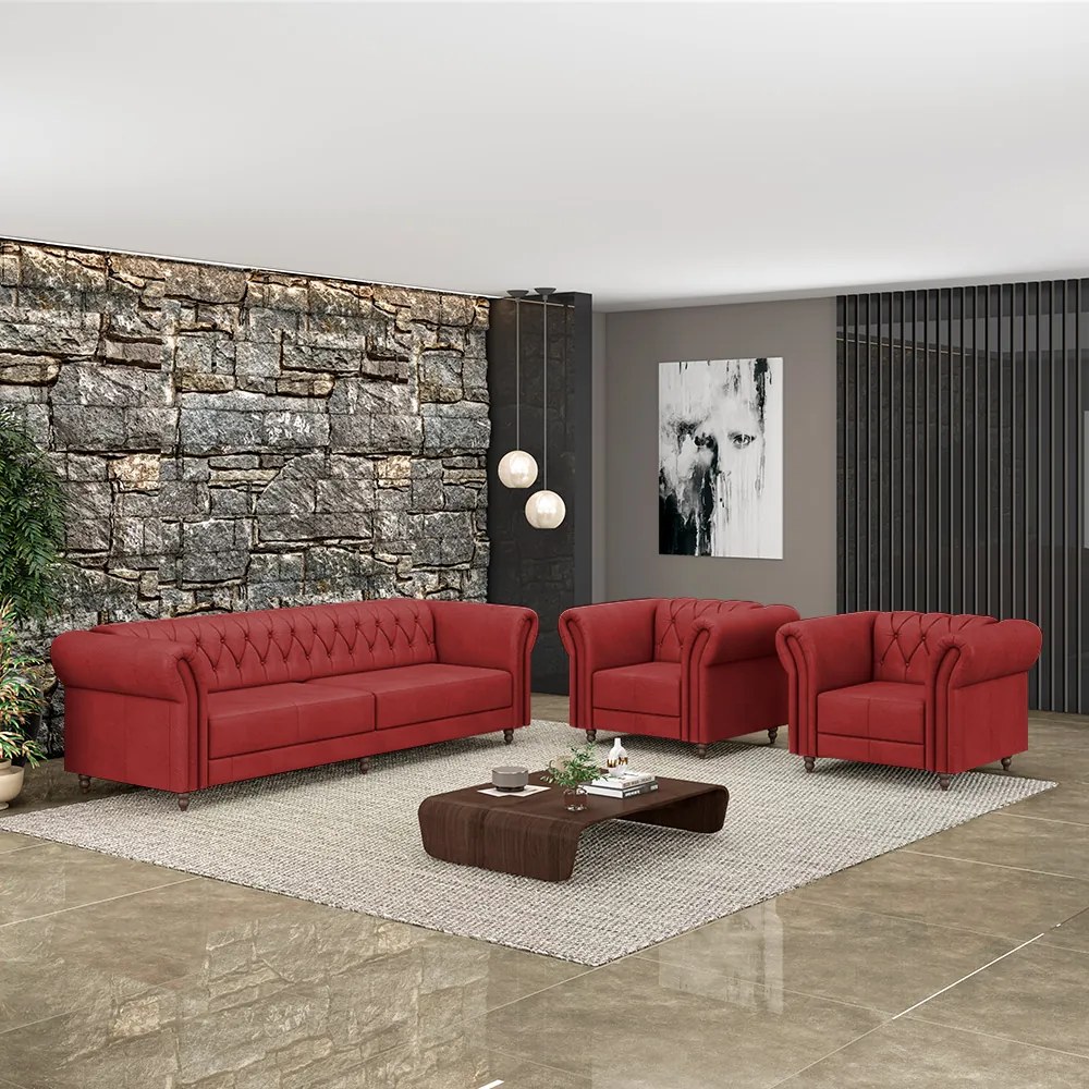 Conjunto Sala de Estar 1 Sofá Living 260cm e 2 Poltronas Stanford Chesterfield Pés Madeira Couro Vermelho G58 - Gran Belo