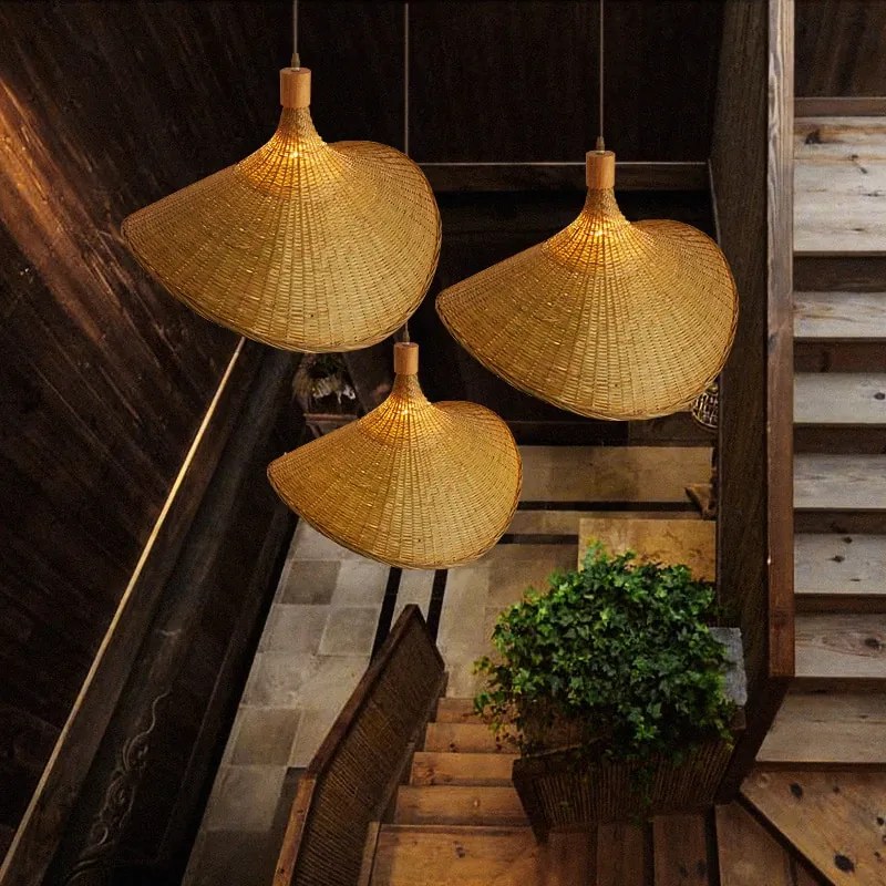 Luminária Pendente Japonês Bambu Rattan Tecelagem Retro Jardim Restaurante Estudo Quarto e Sala de Estar Luz