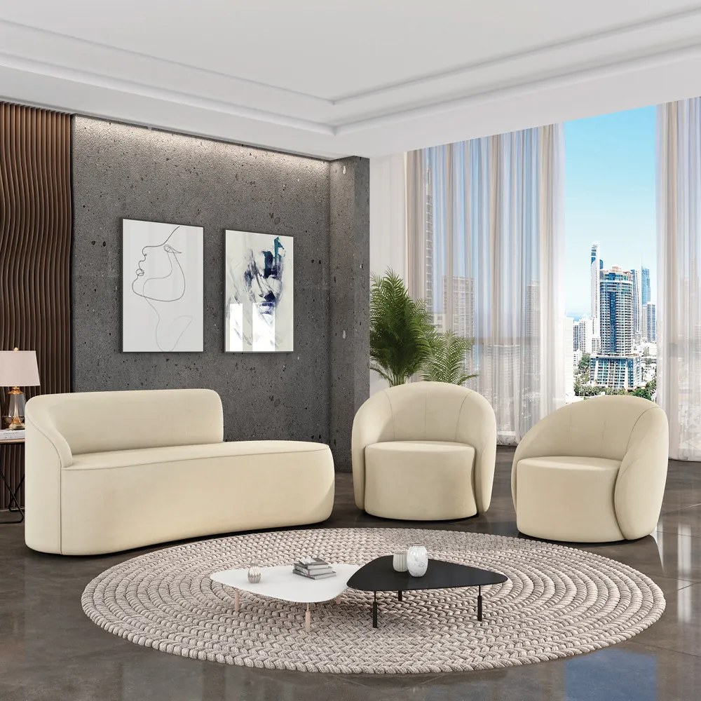 Sofá 3 Lugares Orgânico 180cm Morgan e 2 Poltronas Lua Suede Bege D03 - D'Rossi