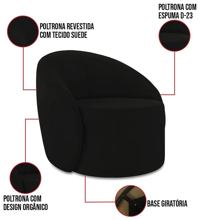 Sofá 2 Lugares Orgânico 140cm Morgan e 2 Poltronas Lua Suede D03 - D'Rossi - Preto