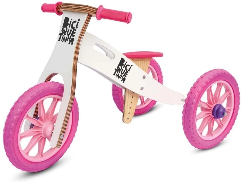 Triciclo de Madeira Biciquetinha 2 em 1 sem Pedal (vira Bicicleta de Equilíbrio) - Neve e Rosa - Branco