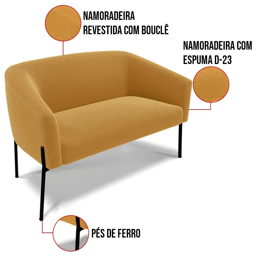 Sofá 2 Lugares Namoradeira Pé de Ferro Preto Stella Bouclê D03 - D'Rossi - Mostarda