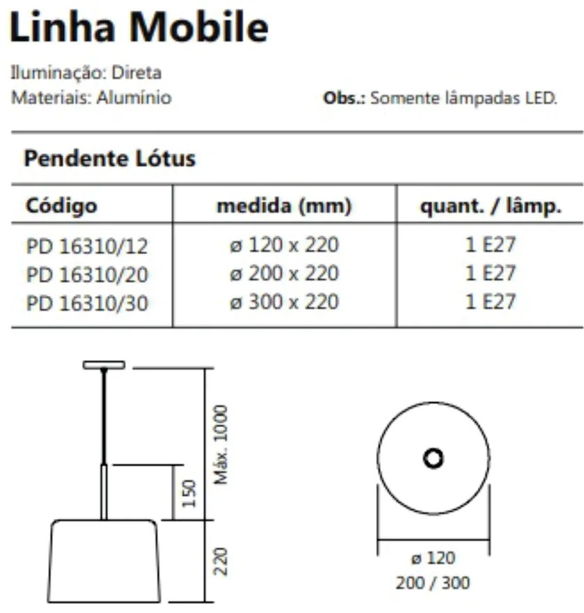 Pendente Mobile Ø12X22Cm 1Xe27 S/ Difusor C/ Haste De 15Cm | Usina 163... (MT-M - Mate Metálico / BR-F Branco Fosco)