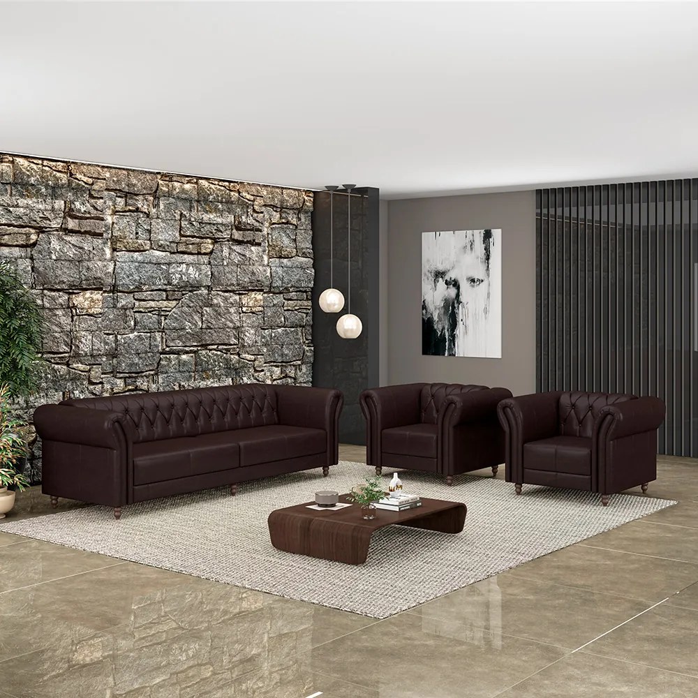 Conjunto Sala de Estar 1 Sofá Living 240cm e 2 Poltronas Stanford Chesterfield Pés Madeira Couro Wine Vinho G58 - Gran Belo