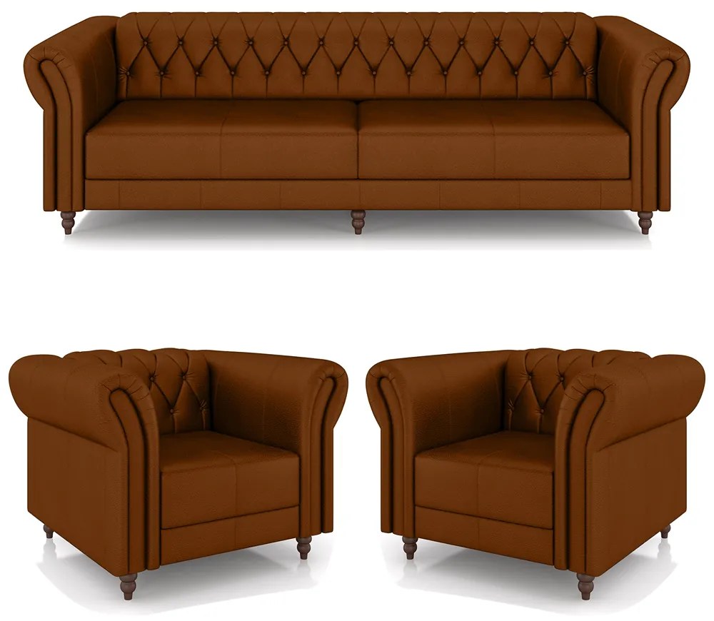 Conjunto Sala de Estar 1 Sofá Living 260cm e 2 Poltronas Stanford Chesterfield Pés Madeira Couro Caramelo G58 - Gran Belo