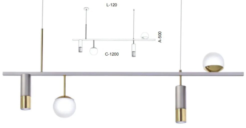 Pendente Retangular Misto 120X12X50Cm Tubo Metal E Globo Ø10Cm 02Xmr11... (CROMADO, FOSCO (BRANCO))