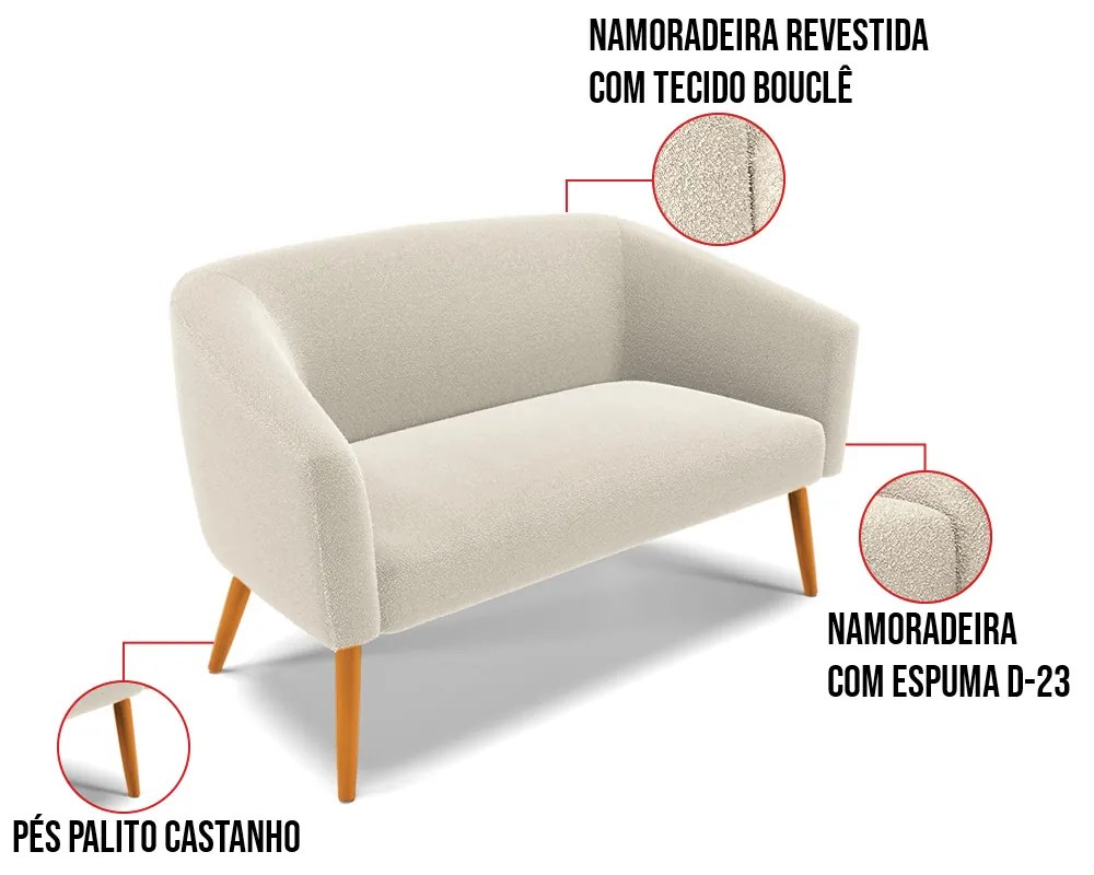 Sofá 2 Lugares Namoradeira Pé Palito Castanho Stella Bouclê D03 - D'Rossi - Bege