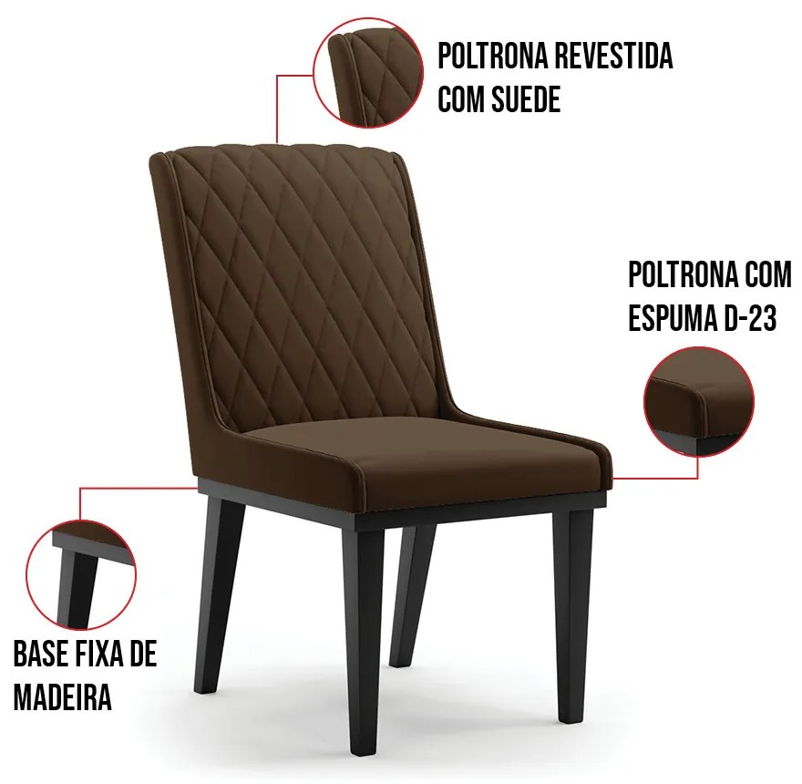 Cadeira Sala de Jantar Base Madeira Preto Kit 6 Sofia Suede D03 - D'Rossi - Marrom