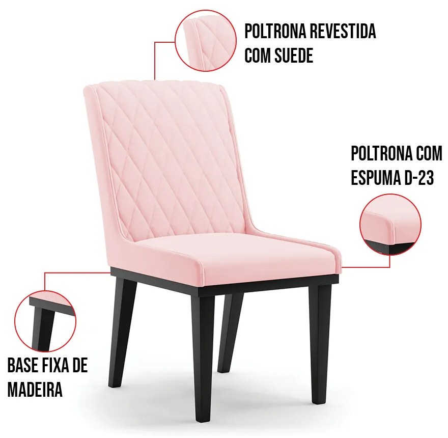 Cadeira Sala de Jantar Base Madeira Preto Sofia Suede Rosa Bebê D03 - D'Rossi