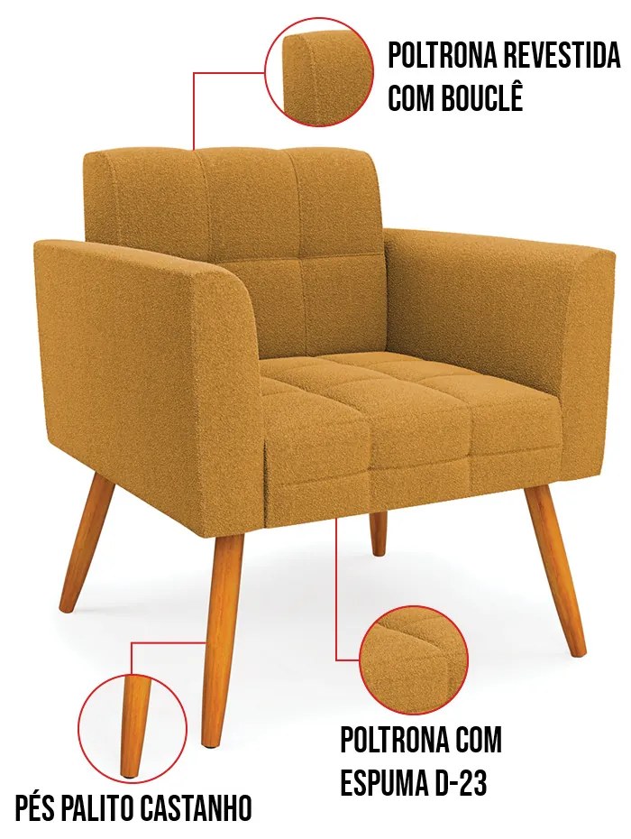 Namoradeira e 2 Poltronas Pé Palito Castanho Elisa Bouclê Mostarda D03 - D'Rossi