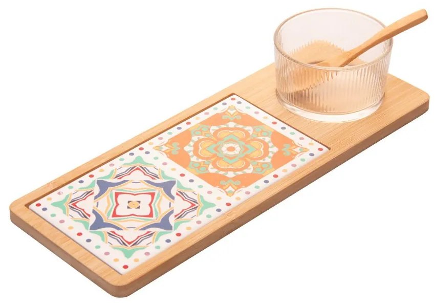 Jogo 4 Peças Petisqueira Vidro Com Colher Bandeja De Bambu E Tábua Ladrilho 32x12x5,5cm 20816 Wolff