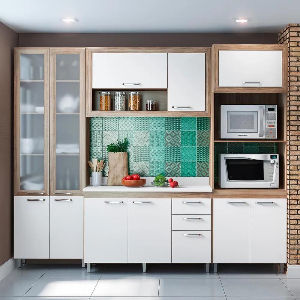 Cozinha Compacta 11 Portas Com Tampo e Vidro 5713 Branco/Argila - Multimóveis