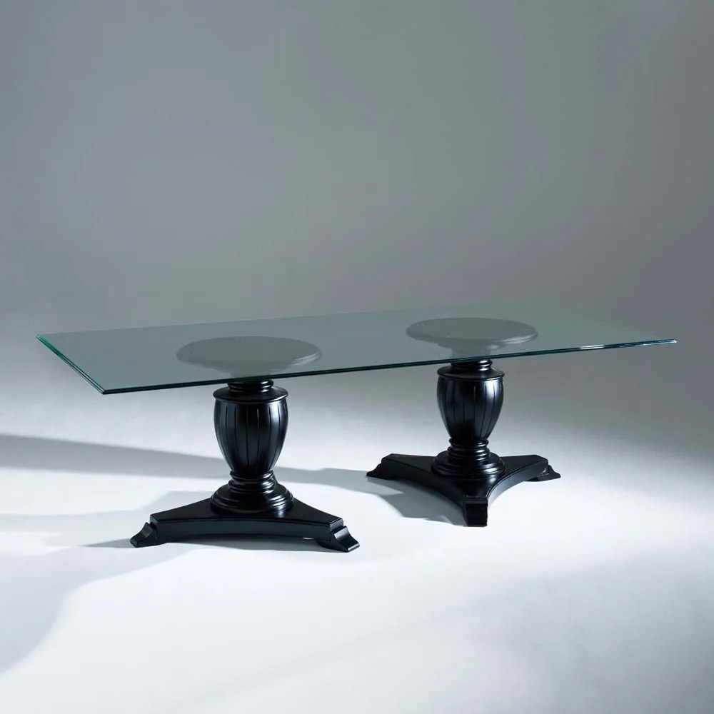 Mesa de Jantar Inspiração Tampo de Vidro Base Madeira Maciça Design Clássico Avi Móveis