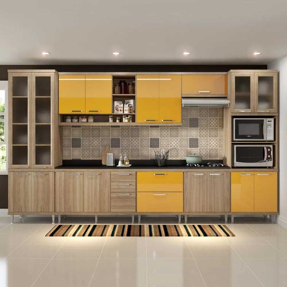 Cozinha Compacta 17 Portas Com Tampo e Vidro 5807 Amarelo/Argila - Multimóveis