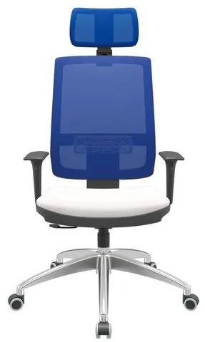 Cadeira Office Brizza Tela Azul Com Encosto Assento Vinil Branco RelaxPlax Base Aluminio 126cm - 63566 Sun House