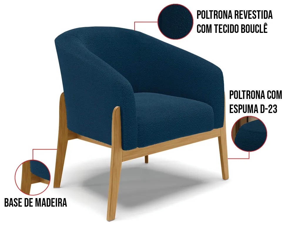 Poltrona e Puff Decorativo Base Madeira Stella Bouclê P01 - D'Rossi - Azul